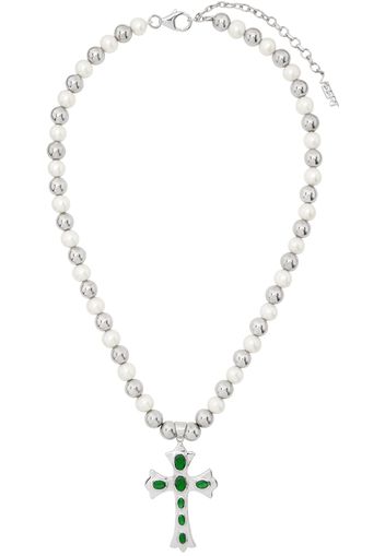 VEERT White Gold & White 'The Green Cross Freshwater Pearl' Necklace