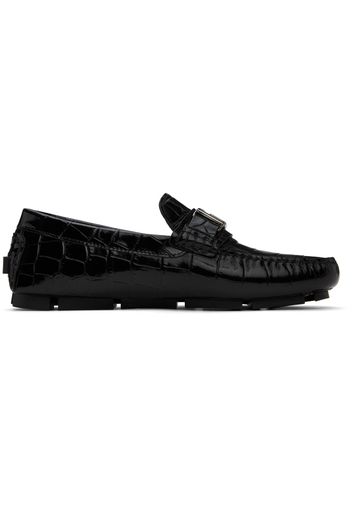 Versace Black Croc-Effect Leather Driver Loafers