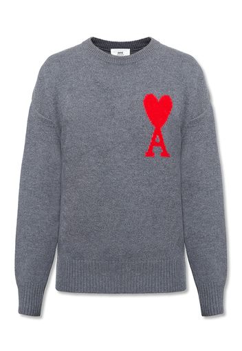 Ami Paris Ami De Coeur Merino Wool Oversized Crewneck Sweater Heather Grey/Red