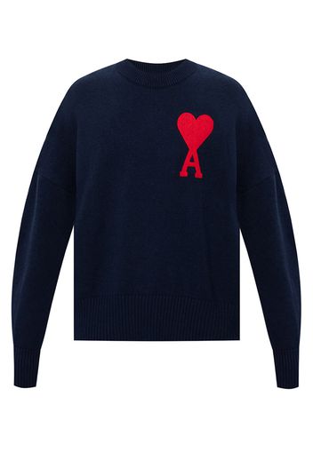 Ami Paris Ami De Coeur Knitted Cotton Crewneck Navy/Red