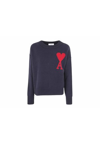 Ami Paris Ami De Coeur Felted Merino Wool Sweater Night Blue/Red