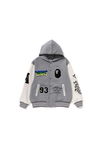 BAPE Lux Sport Badges Oversized Hooded Sweat Varsity Jacket Gray