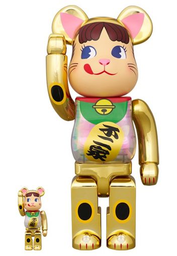 Bearbrick Maneki Neko Peko-Chan Glow in the Dark Milky 100% & 400% Set Gold Plated