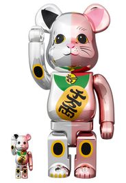 Bearbrick Maneki Neko Ten Man Ryo 100% & 400% Set Silver/Pink Plated