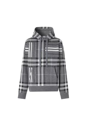 Burberry Check And Stripe Wool Blend Jacquard Hoodie Dark Grey Melange