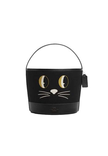 Coach Halloween Trick Or Treat Bucket Tote Bag Black Cat Face Black