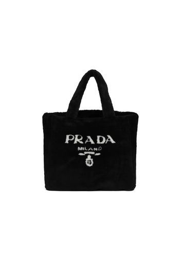 Prada Shearling Tote Bag Intarsia Logo Black/White