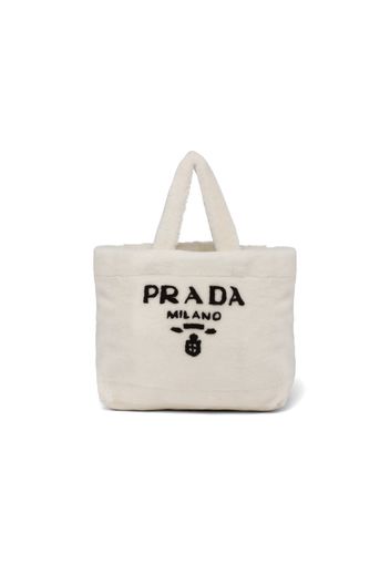 Prada Shearling Tote Bag Intarsia Logo White/Black