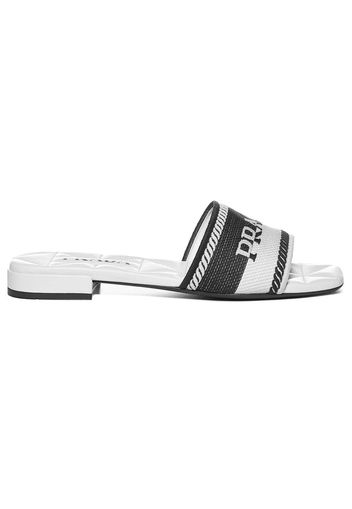 Prada Logo Embroidered Sandals White Black Cotton