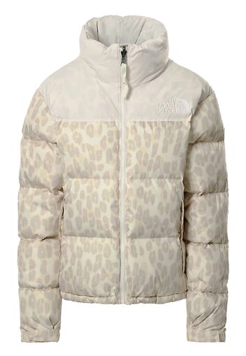 The North Face Womens 1996 Printed Retro Nuptse 700 Fill Packable Jacket Silver Grey Leopard Print-Gardenia White