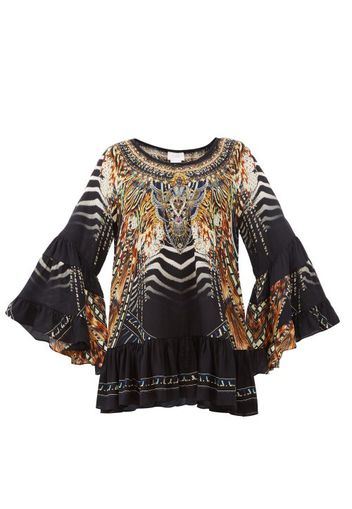 Camilla - Lost Paradise-print Bell-sleeve Silk-crepe Dress - Womens - Black Multi