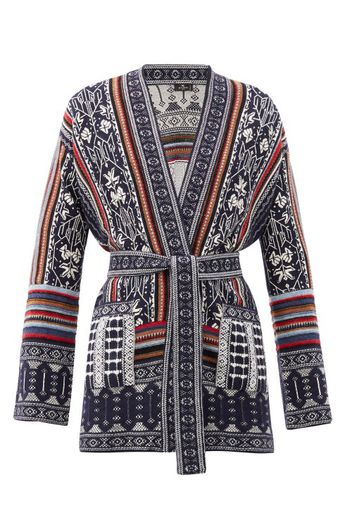 Etro - Ischia Belted Wool-blend Jacquard Cardigan - Womens - Navy Multi