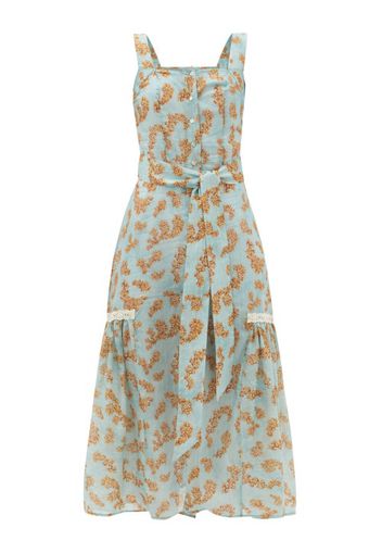 Galanthya Galanthya Camille Floral Print Cotton Muslin Midi Dress Womens Blue Print Fotomagazin