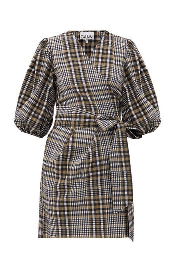 Ganni - Puff-sleeved Checked Seersucker Wrap Dress - Womens - Grey Multi