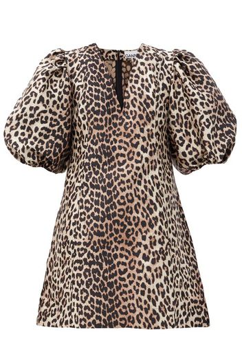 Ganni - Puff-sleeve Leopard-jacquard Mini Dress - Womens - Leopard