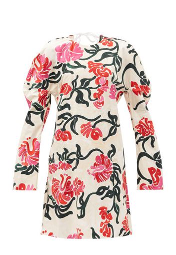 Marni - Curved-sleeve Tropical-print Cotton-poplin Dress - Womens - Ivory Multi