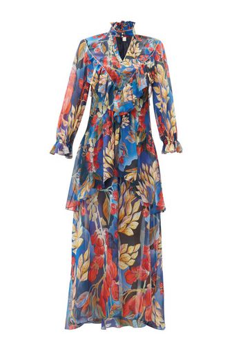 Peter Pilotto - Ruffle-trim Floral-print Silk-georgette Gown - Womens - Blue Multi