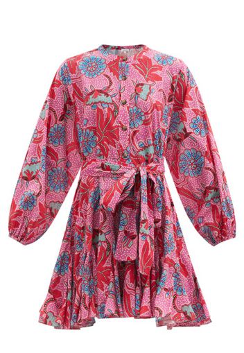 Rhode - Emma Fluted Floral-print Cotton-poplin Mini Dress - Womens - Pink Print