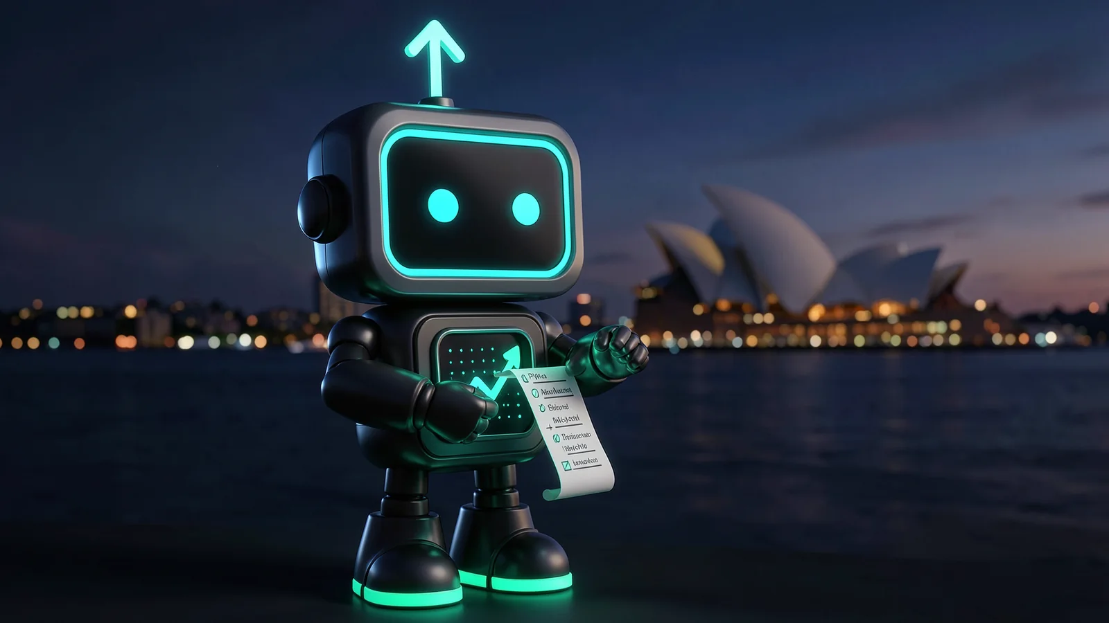 Pip, the FXMacroData robot mascot, checks items off a long glowing checklist scroll, in front of a Sydney harbour at dusk with the sails of the opera house softly silhouetted far behind.