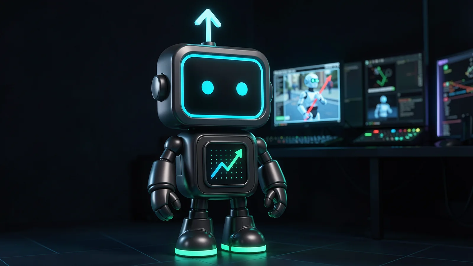 Pip, the FXMacroData robot mascot, replays a glowing film reel of a robot's decisions on a small projector screen, pausing on one frame with a red marker, in a dim editing room.