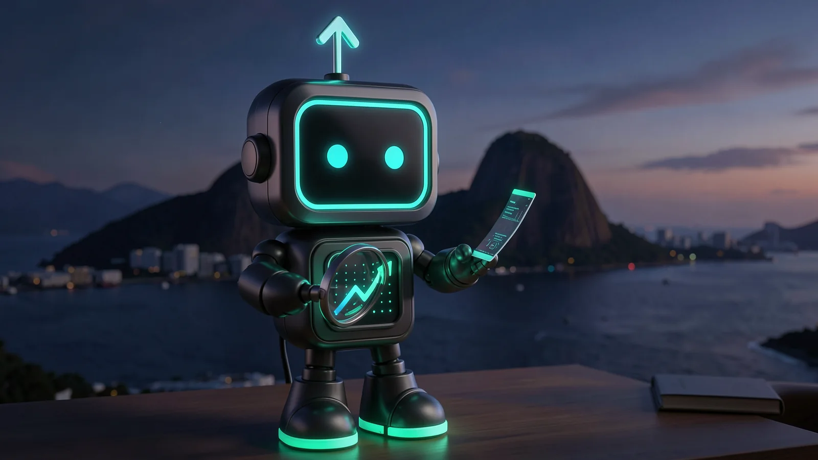 Pip, the FXMacroData robot mascot, holds up a magnifying glass over a glowing data card at a desk, in front of a Rio de Janeiro bay at dusk with the sugarloaf mountain silhouetted behind.