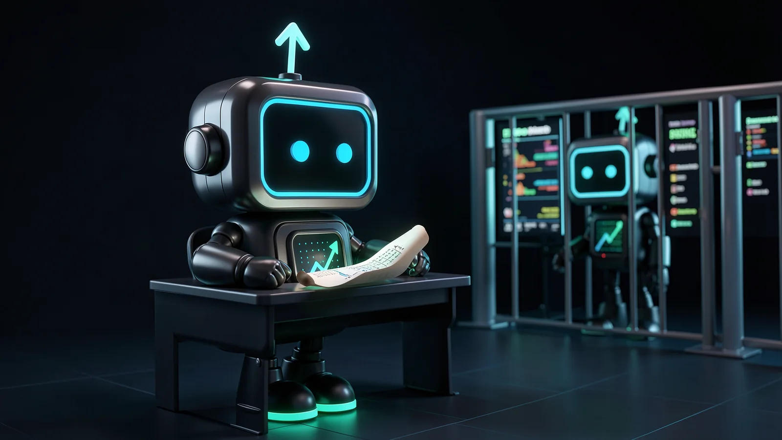 Pip, the FXMacroData robot mascot, reads a glowing research scroll at one desk while a second identical robot guards a gate barrier beside a trading screen.