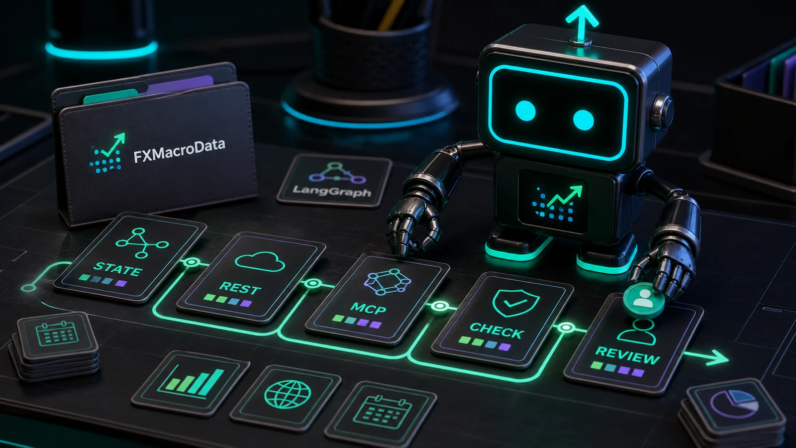 Pip robot with the FXMacroData logo mark arranging LangGraph workflow cards for an FX macro agent