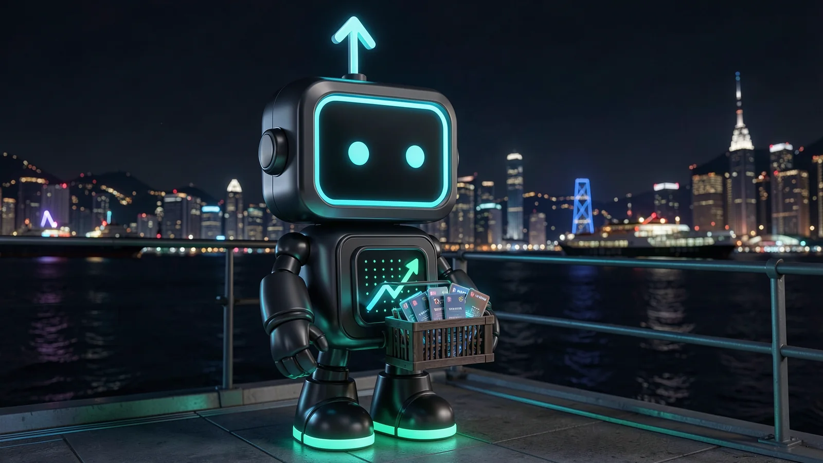 Pip, the FXMacroData robot mascot, carries a small crate of glowing data cards across a footbridge, in front of a Hong Kong harbourfront at night with ferries and city lights.