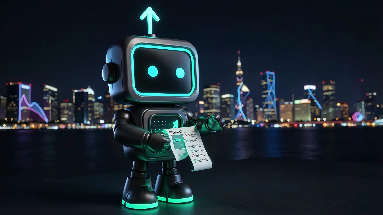Pip, the FXMacroData robot mascot, checks items off a long glowing checklist scroll, in front of a Shanghai riverside at night with the Bund skyline softly lit.