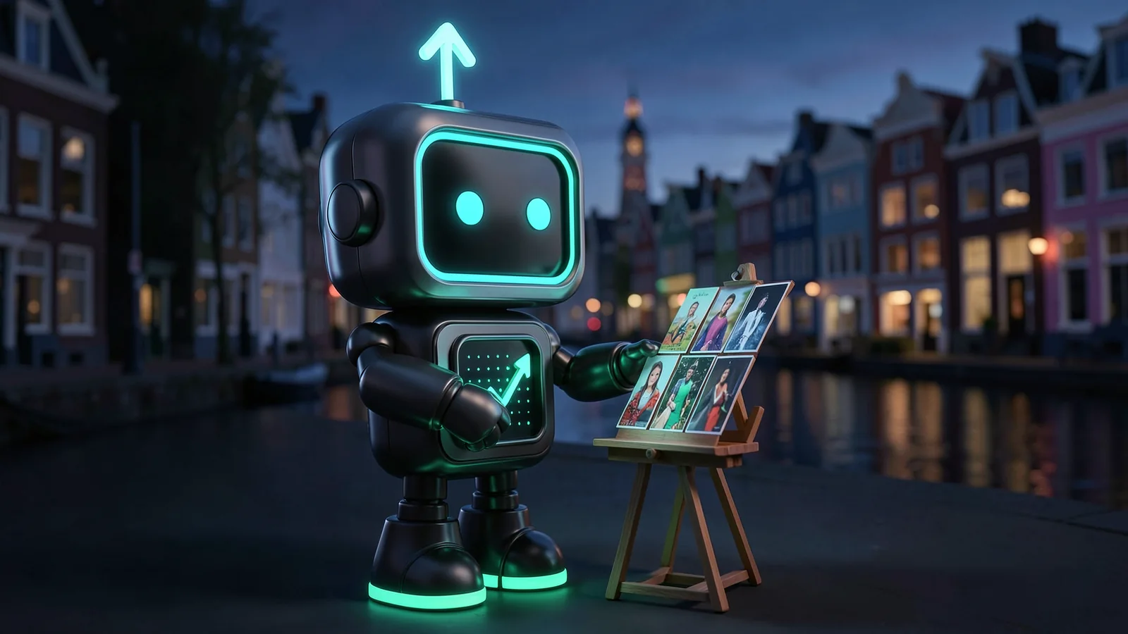 Pip, the FXMacroData robot mascot, arranges glowing cards on a small easel like a gallery display, in front of a Copenhagen canal at dusk with colourful houses.