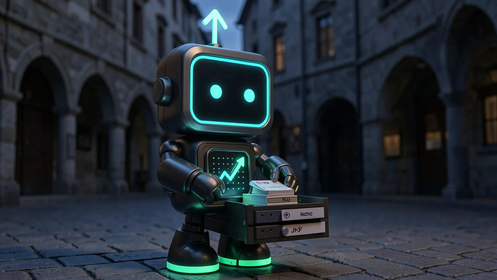 Pip, the FXMacroData robot mascot, sorts a neat stack of glowing indicator cards into labelled drawers, in front of a quiet European old-town square at dusk with stone arches.
