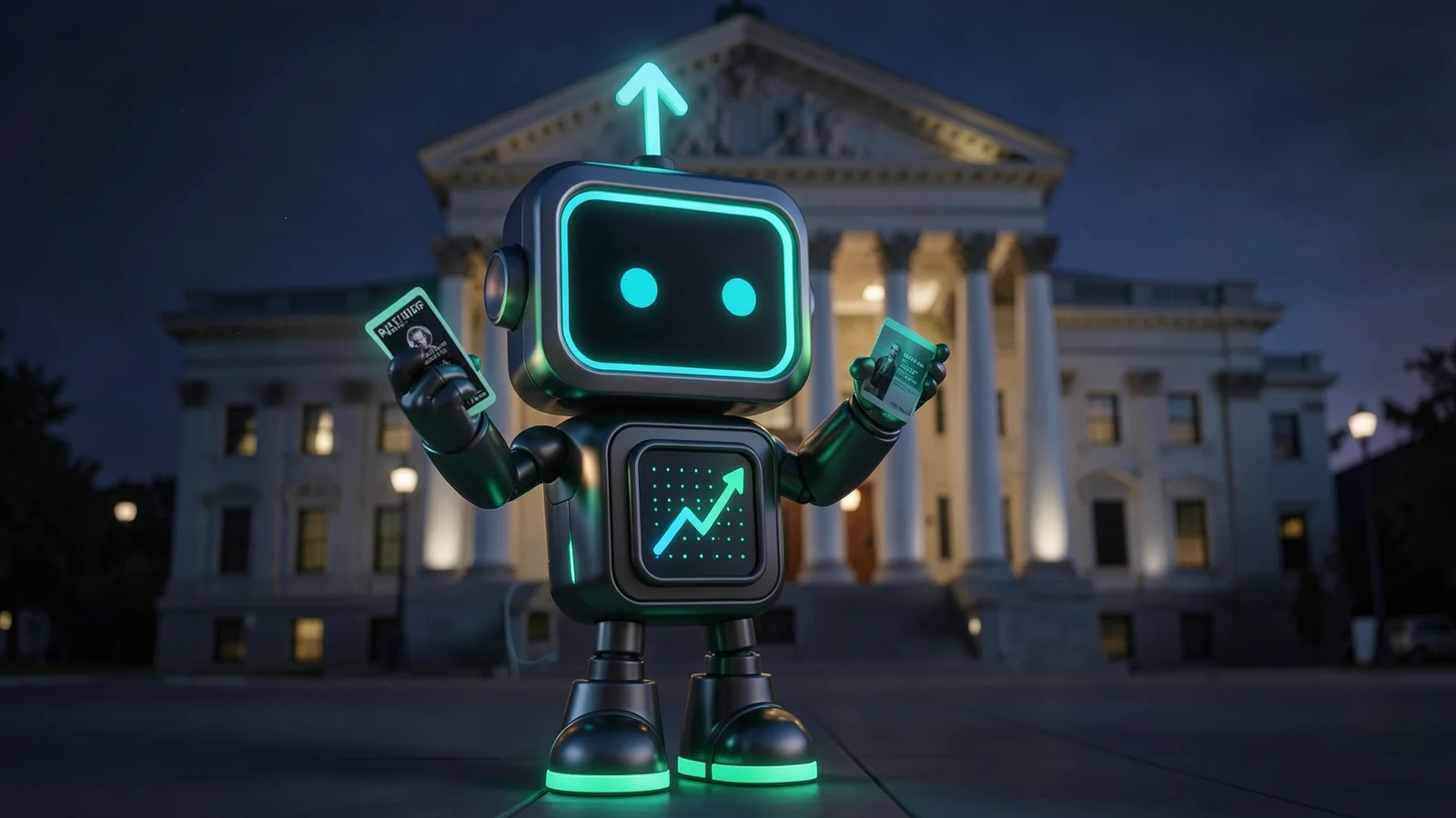 Pip, the FXMacroData robot mascot, holds a glowing rate-decision card up to the light in front of a grand, softly lit neoclassical central-bank building facade with no signs or emblems in Washington at dusk.