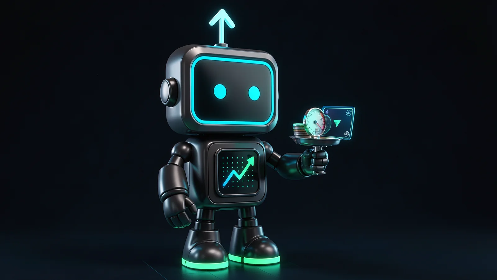 Pip, the FXMacroData robot mascot, steadies a small neon balance scale: a glowing release card on one pan, a stack of round gauge discs on the other.