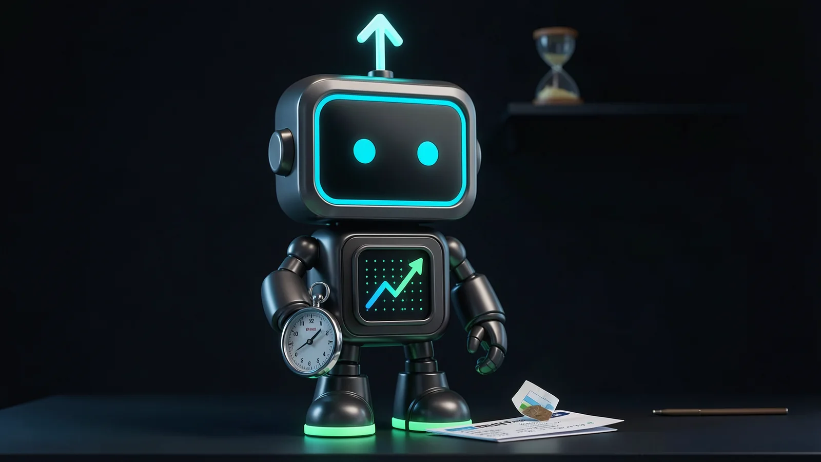 Pip, the FXMacroData robot mascot, holds a chunky stopwatch over a policy-rate card that has just landed on the desk, while a small hourglass on a shelf behind him slowly drains.