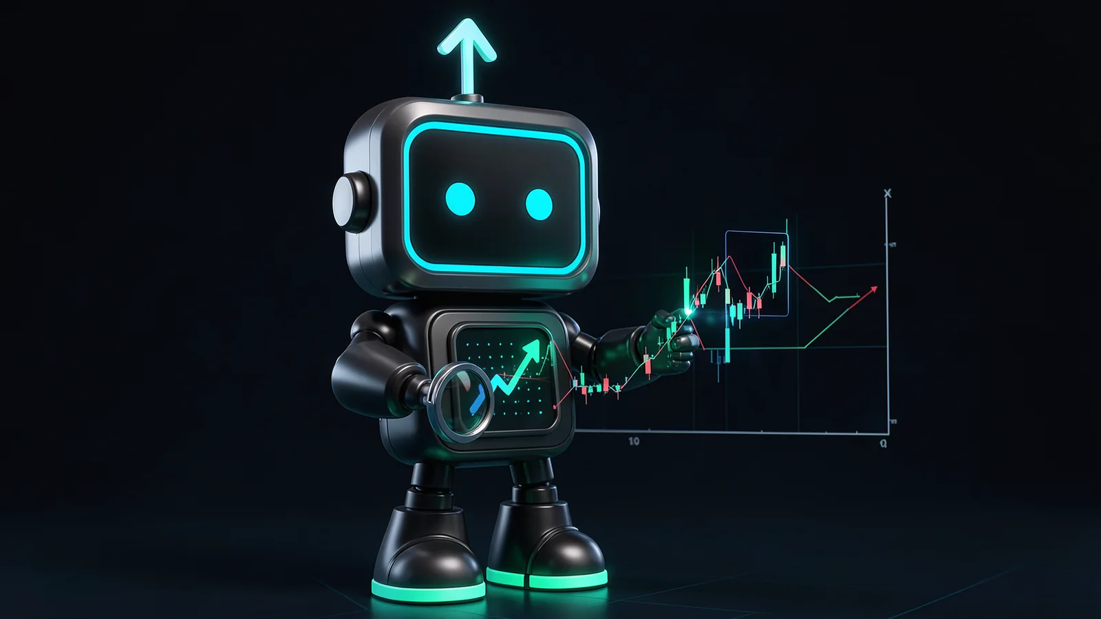 Pip, the FXMacroData robot mascot, holds a jeweller's loupe over a printed candlestick chart while slotting a glowing card into the chart's time axis.