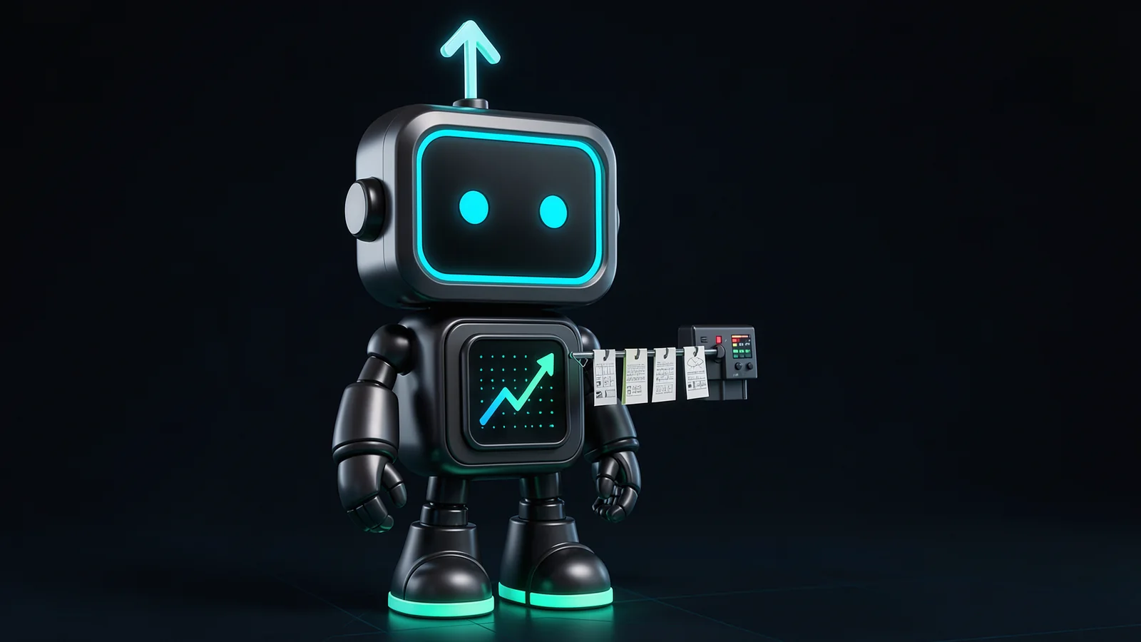 Pip, the FXMacroData robot mascot, clips five small paper bulletin slips onto a rail in time order, next to a compact rate board.