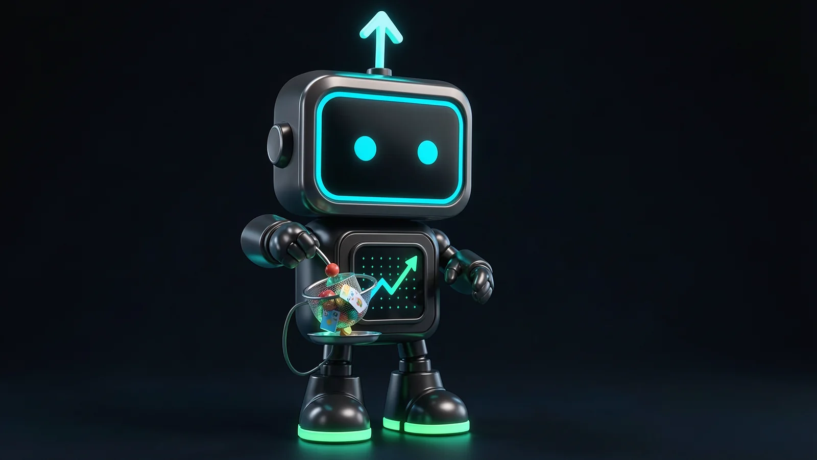 Pip, the FXMacroData robot mascot, pours mixed tokens from a small crate into a handheld sieve; most stay in the mesh while three glowing cards fall through into a tray.