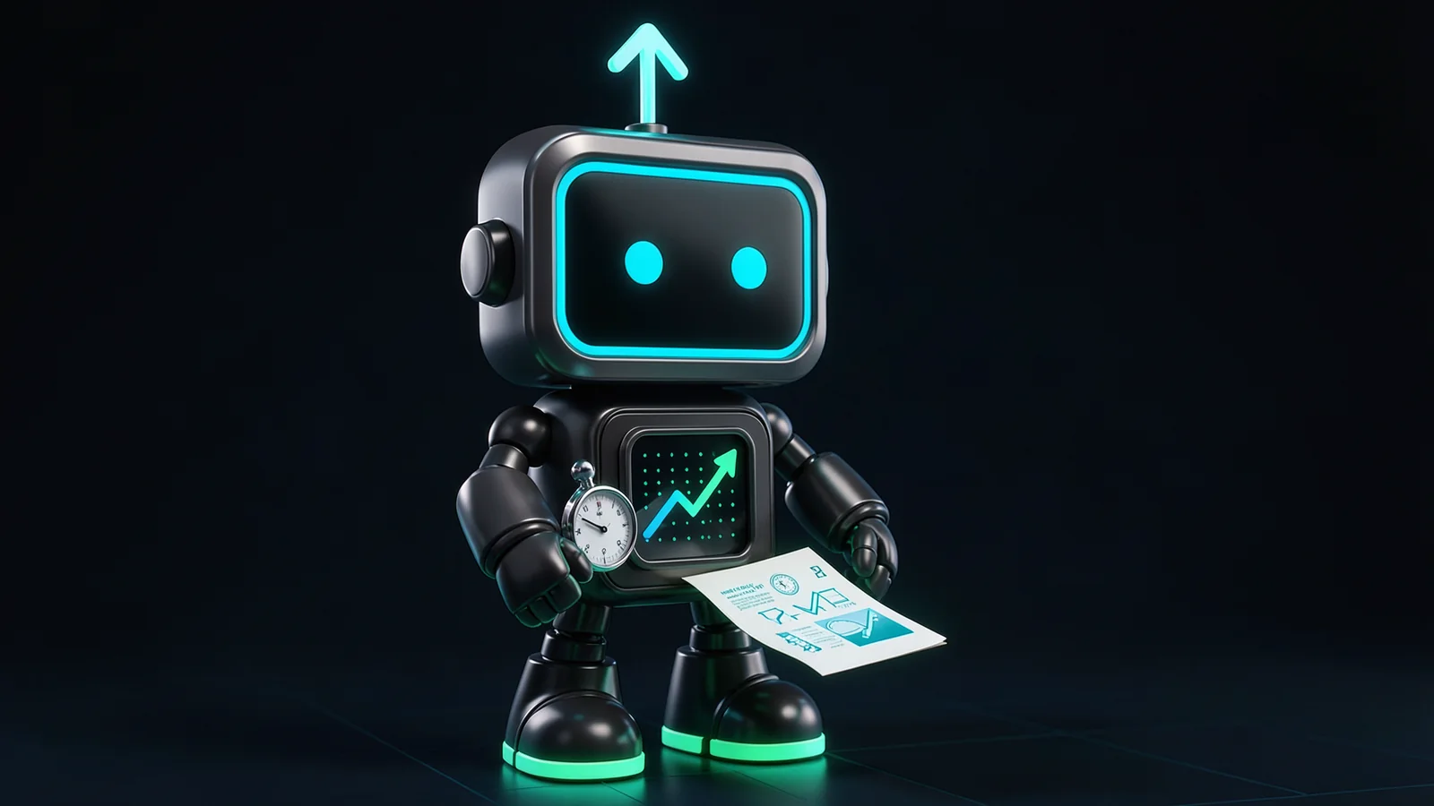 Pip, the FXMacroData robot mascot, holds a stopwatch while stamping a glowing inflation print card as it slides out of a government document tray.