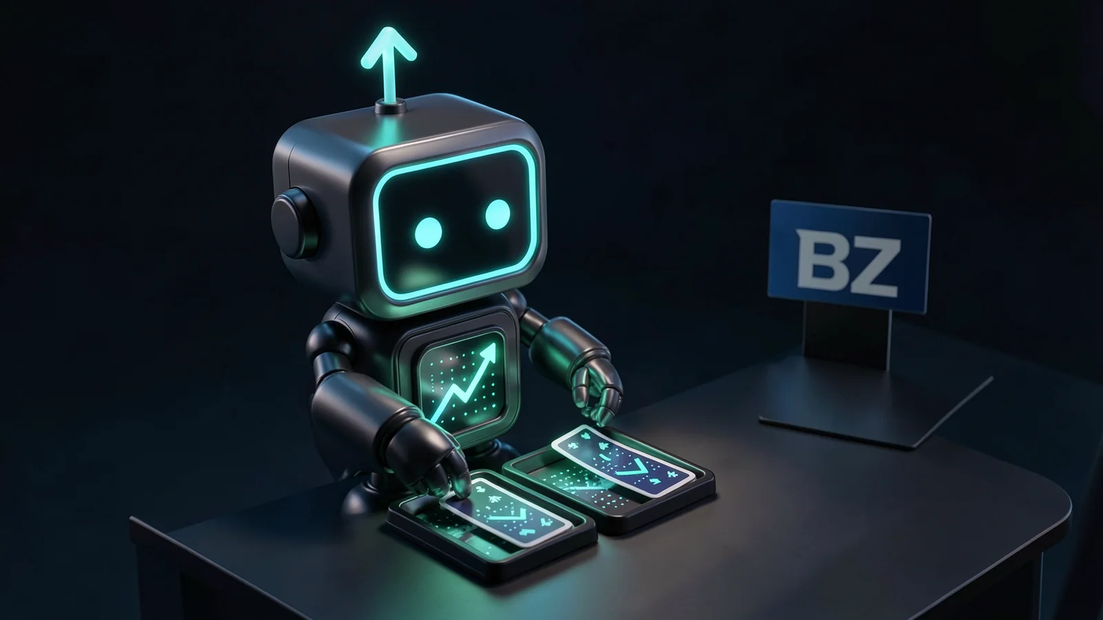 FXMacroData robot mascot Pip: Seen from a three-quarter overhead angle, Pip sorts glowing cards into three small trays on a dark desk, one card half-lifted mid-sort.