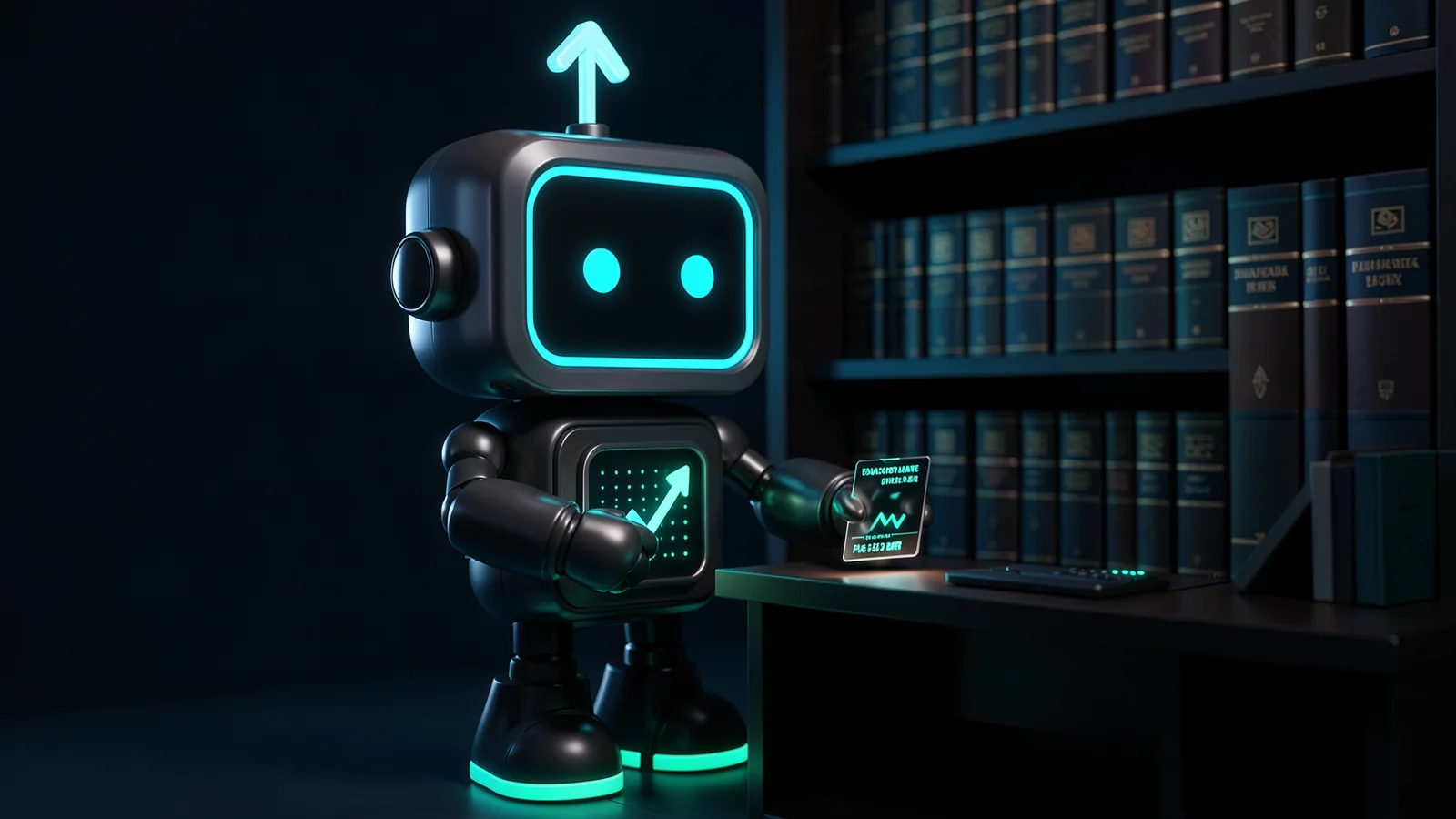 Pip, the FXMacroData robot mascot, stamps a single glowing policy-rate card at a dim reading desk, in front of a shelf of thick bound statistics volumes.