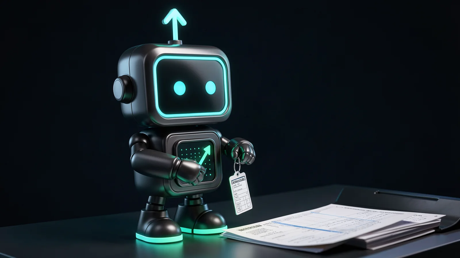 Pip, the FXMacroData robot mascot, clips a glowing tag onto a single payroll report card at a workbench while a revision sheet slides toward it from a filing tray of monthly reports.