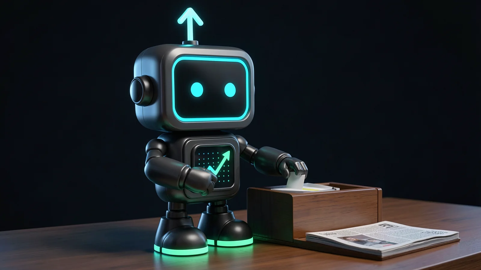 Pip, the FXMacroData robot mascot, stamps an index card and files it into a wooden card-catalogue drawer, beside a folded newsletter lying open on the desk.