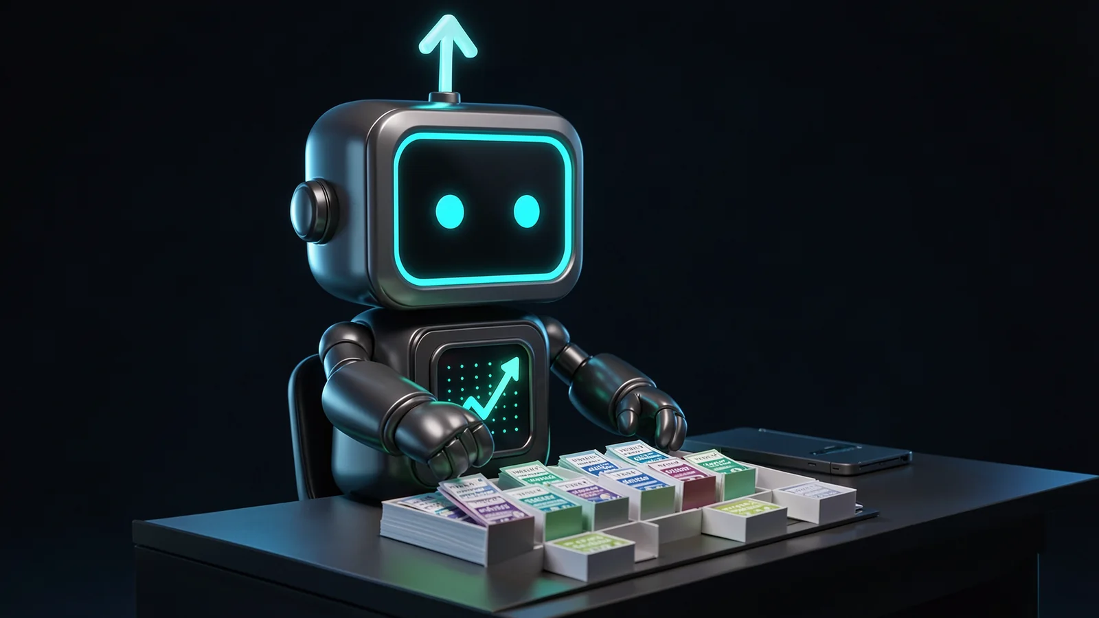 Pip, the FXMacroData robot mascot, sits at a low desk sorting a stack of weekly positioning cards into ten small trays.