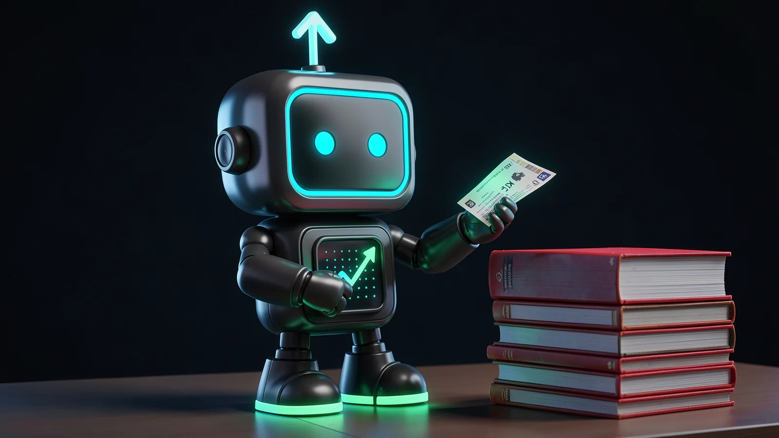 Pip, the FXMacroData robot mascot, carefully lifts a glowing report card off a tall neat stack of red-bound report volumes at a calm desk.
