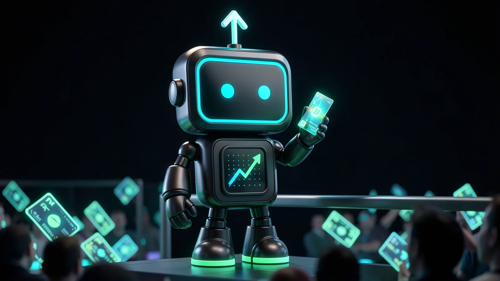Pip, the FXMacroData robot mascot, stands at a trading-pit style railing holding up a glowing release card while a crowd of abstract glowing futures tickets swirls below.