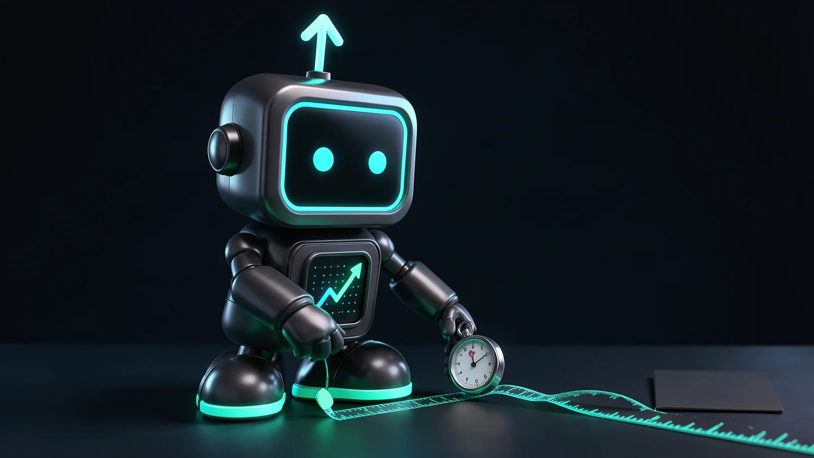 Pip, the FXMacroData robot mascot, kneels beside a long glowing ribbon of tiny tick marks running across a dark desk, pressing a mint pin into the ribbon while holding a stopwatch.