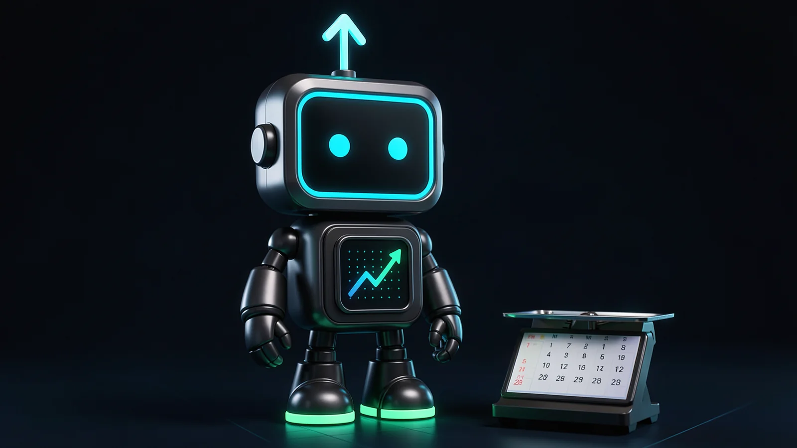 Pip, the FXMacroData robot mascot, weighs two paper release slips on a small balance scale beside a desk calendar.