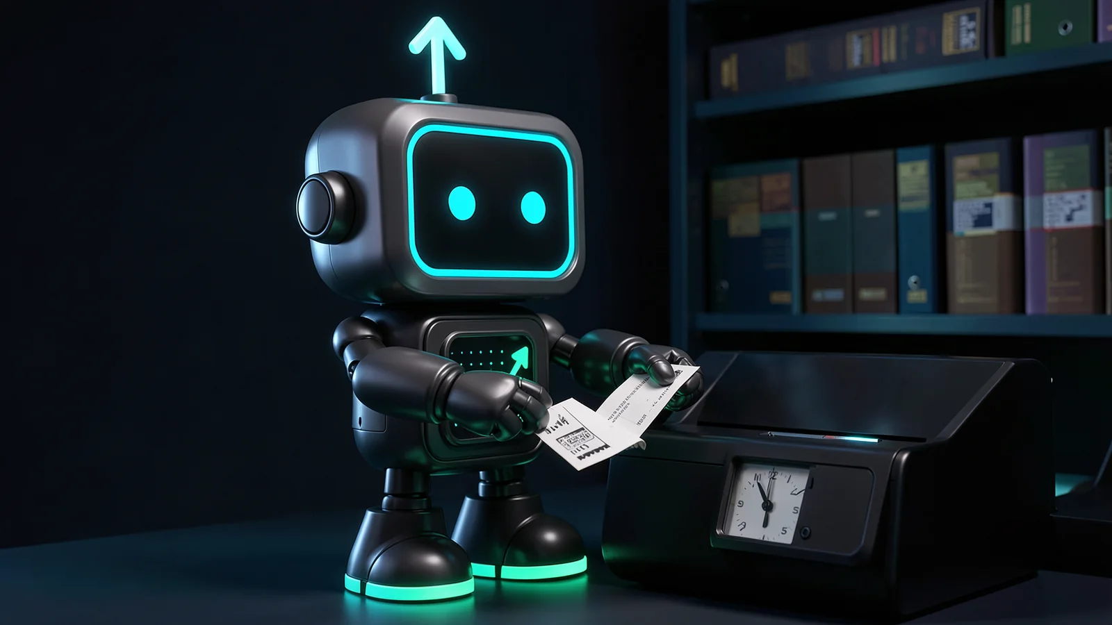 Pip, the FXMacroData robot mascot, punches a ticket-style stamp onto a report card sliding out of a compact printer, beside a small station clock, with bound statistics volumes on a shelf behind.