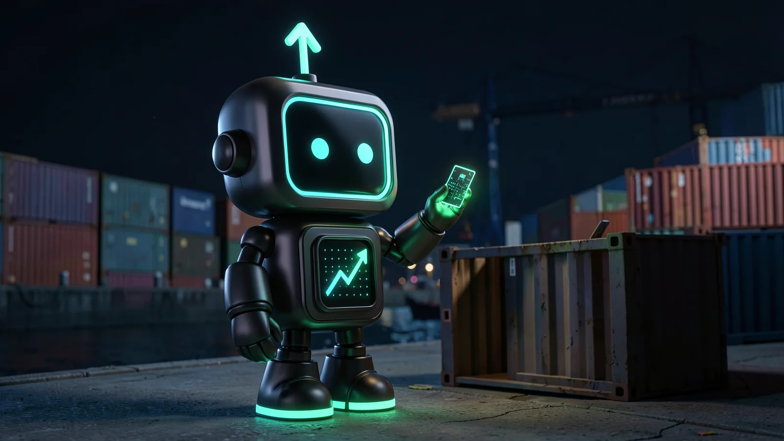 FXMacroData robot mascot Pip: On a harbour quay at night, Pip lifts one small glowing data card out of an open miniature shipping container, with stacked containers and a crane silhouette behind.