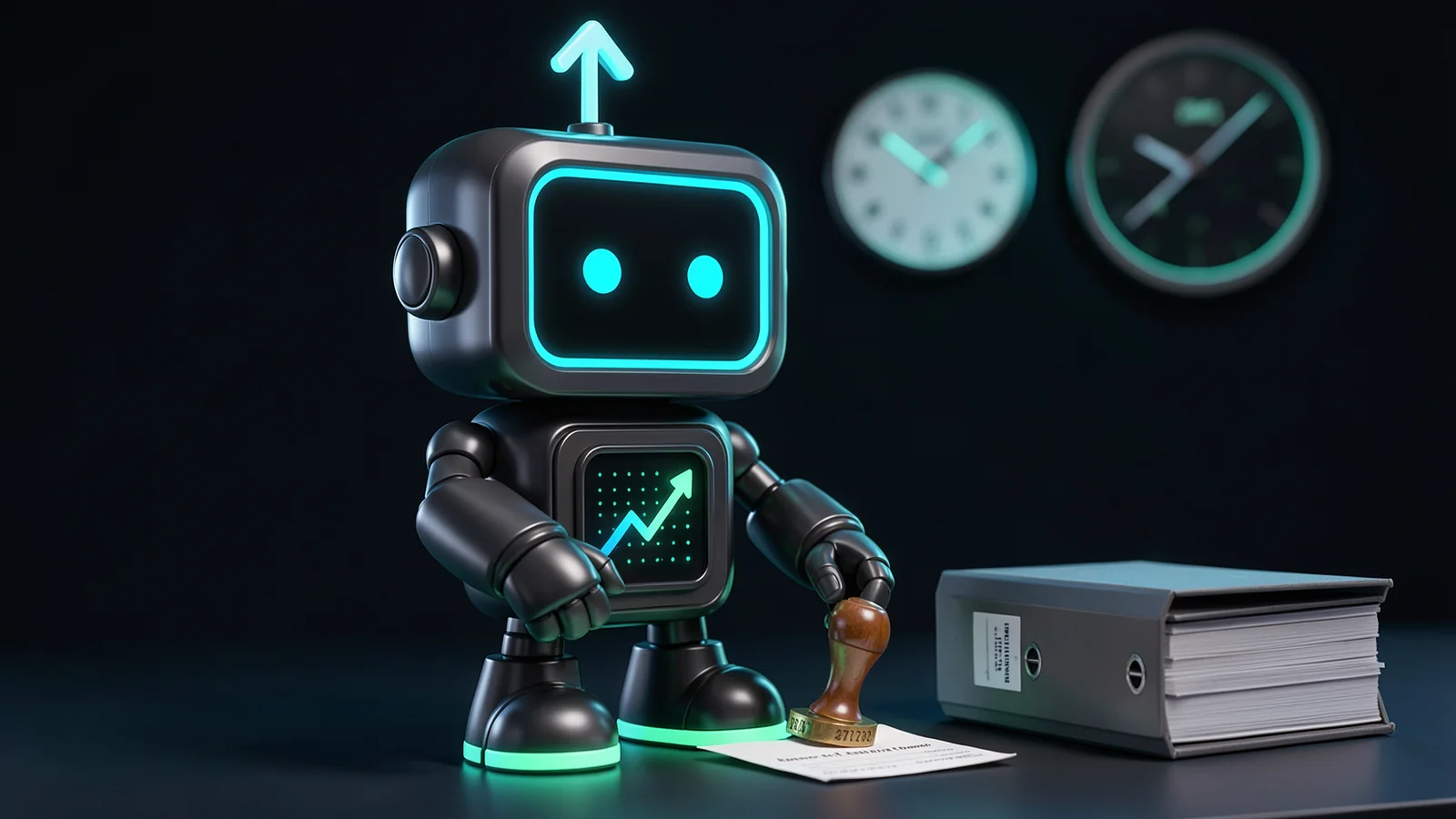 Pip, the FXMacroData robot mascot, presses a brass date-time rubber stamp onto a paper release slip, beside a stack of grey statistics binders, with a wall clock glowing in the background.
